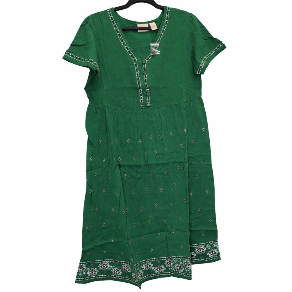 The Vermont Country Store womens large green cotton embroidered midi dress